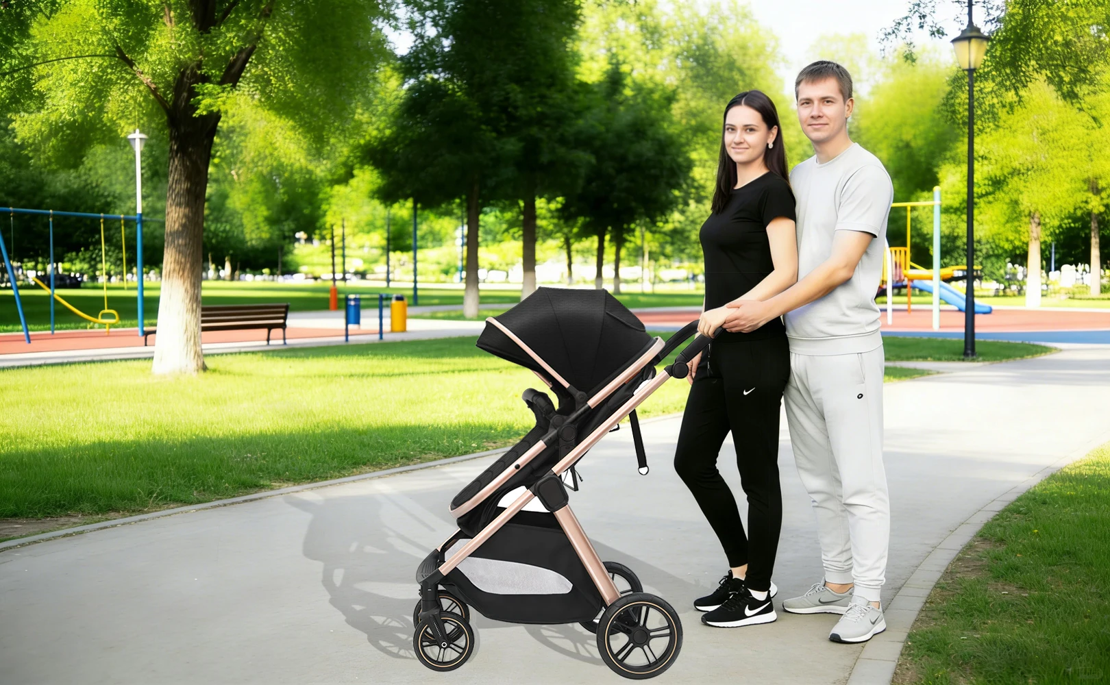 High View Stroller 3-in-1 with Car Seat Buggy Comfortable Sit and Lie Pram Foldable Newborn Travel System Lightweight Carriage