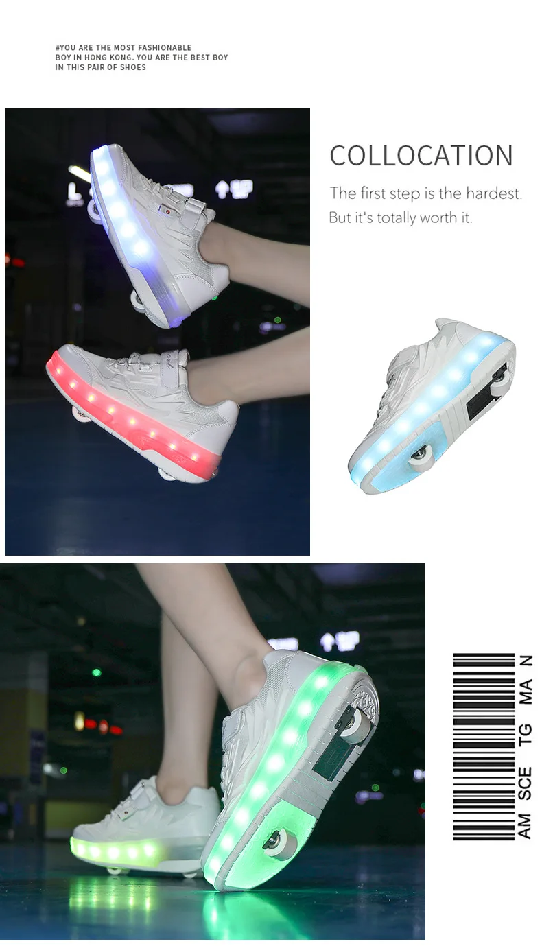 One-Click Retractable LED Light Up Roller Shoes, Breathable Skate Sneakers for Kids, Teens, Boys & Girls