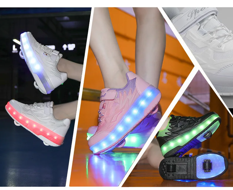 One-Click Retractable LED Light Up Roller Shoes, Breathable Skate Sneakers for Kids, Teens, Boys & Girls
