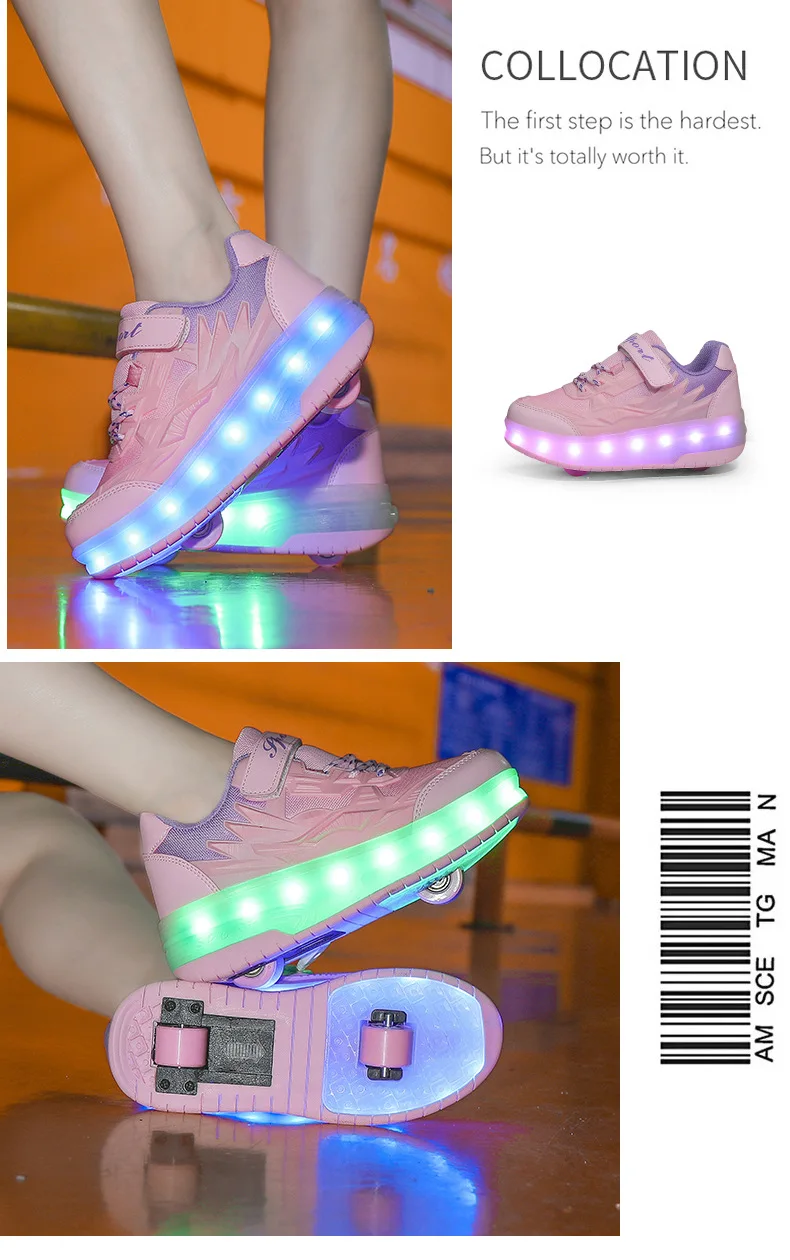 One-Click Retractable LED Light Up Roller Shoes, Breathable Skate Sneakers for Kids, Teens, Boys & Girls