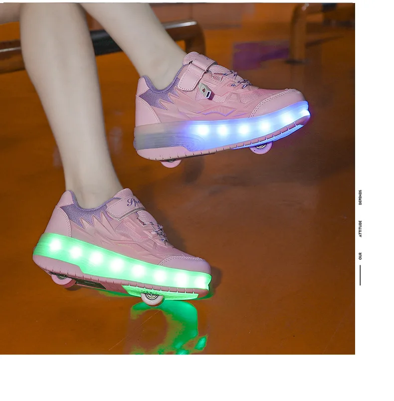 One-Click Retractable LED Light Up Roller Shoes, Breathable Skate Sneakers for Kids, Teens, Boys & Girls