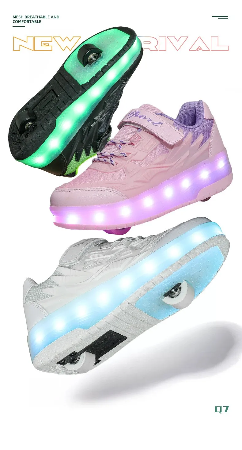 One-Click Retractable LED Light Up Roller Shoes, Breathable Skate Sneakers for Kids, Teens, Boys & Girls