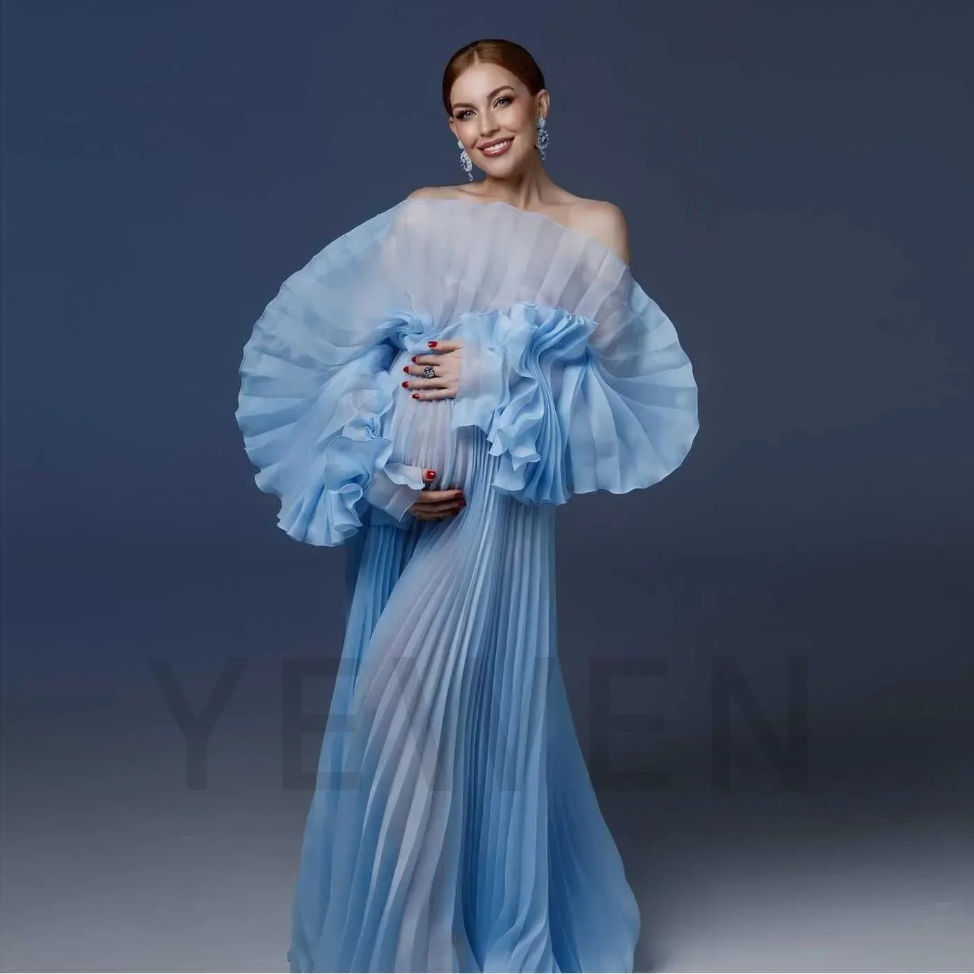 2025 Custom Color Organza Pleated Maternity Dress for Photoshoot Plus Size Pregnancy Photography Gown Baby Shower Dress YEWEN