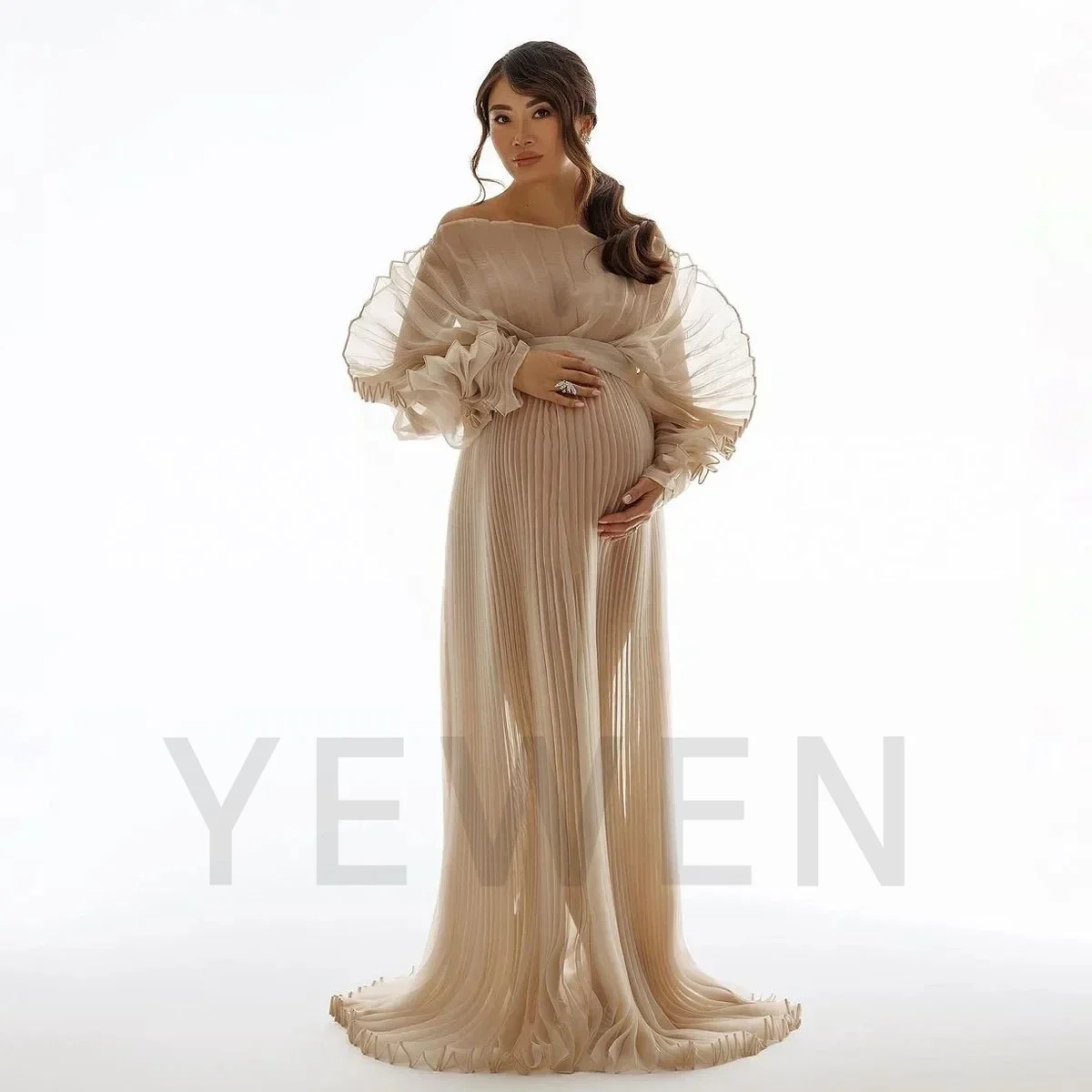 2025 Custom Color Organza Pleated Maternity Dress for Photoshoot Plus Size Pregnancy Photography Gown Baby Shower Dress YEWEN