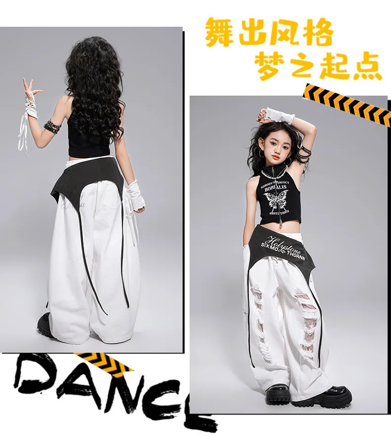 Kid Kpop Hip Hop Clothing White Letters Strap Tank Crop T Shirt Top Casual Distressed Pants for Girl Jazz Dance Costumes Clothes
