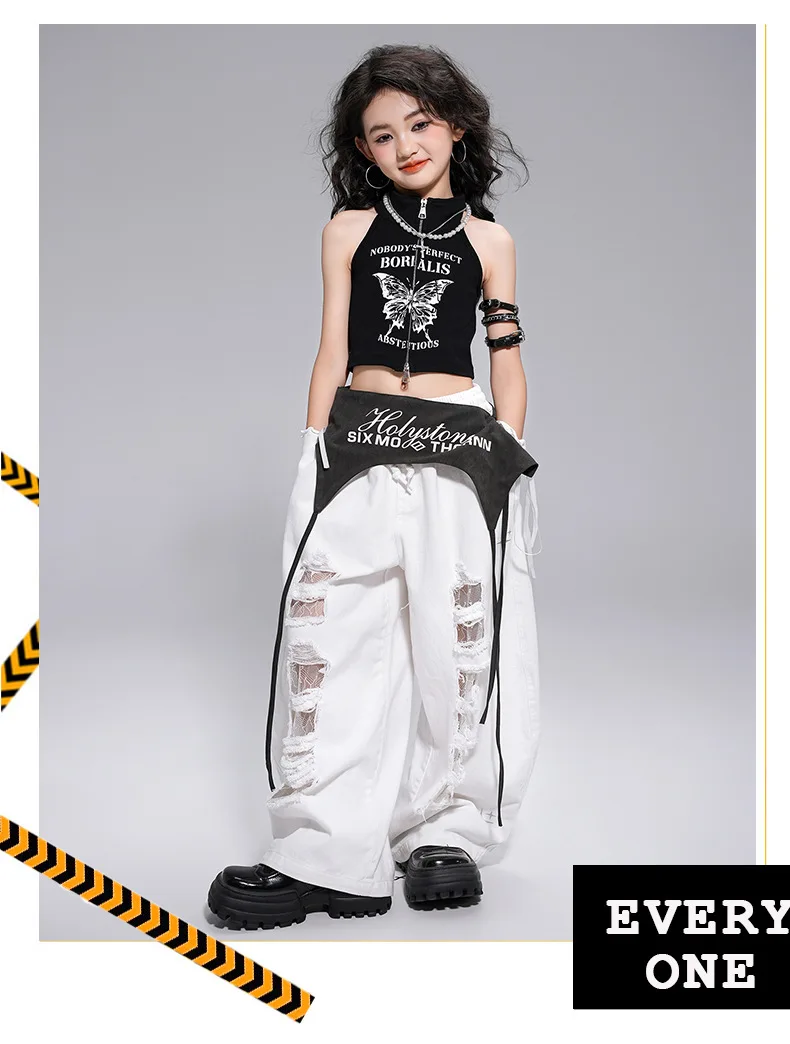 Kid Kpop Hip Hop Clothing White Letters Strap Tank Crop T Shirt Top Casual Distressed Pants for Girl Jazz Dance Costumes Clothes