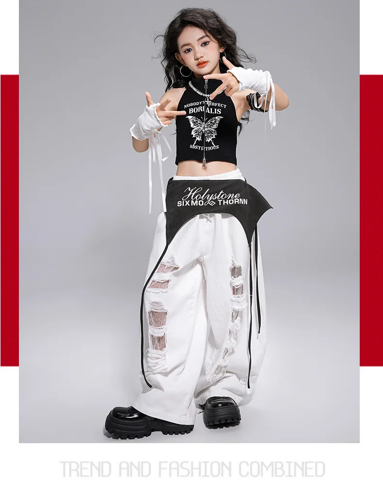 Kid Kpop Hip Hop Clothing White Letters Strap Tank Crop T Shirt Top Casual Distressed Pants for Girl Jazz Dance Costumes Clothes