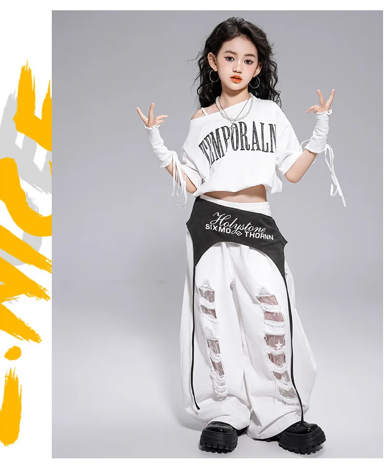 Kid Kpop Hip Hop Clothing White Letters Strap Tank Crop T Shirt Top Casual Distressed Pants for Girl Jazz Dance Costumes Clothes