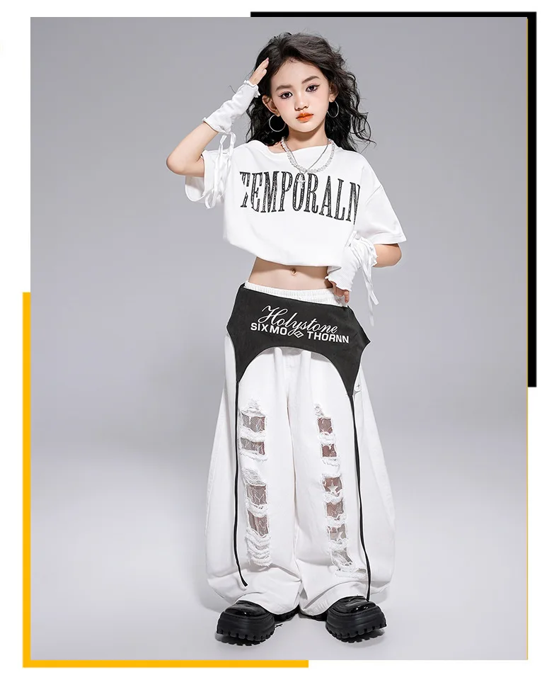 Kid Kpop Hip Hop Clothing White Letters Strap Tank Crop T Shirt Top Casual Distressed Pants for Girl Jazz Dance Costumes Clothes