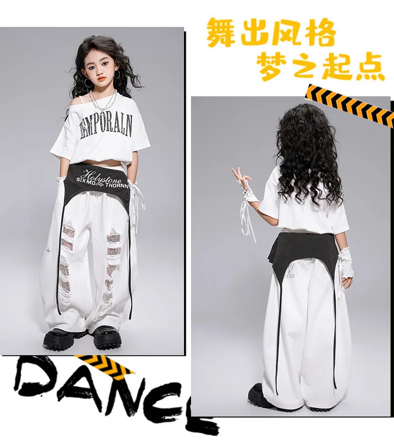 Kid Kpop Hip Hop Clothing White Letters Strap Tank Crop T Shirt Top Casual Distressed Pants for Girl Jazz Dance Costumes Clothes