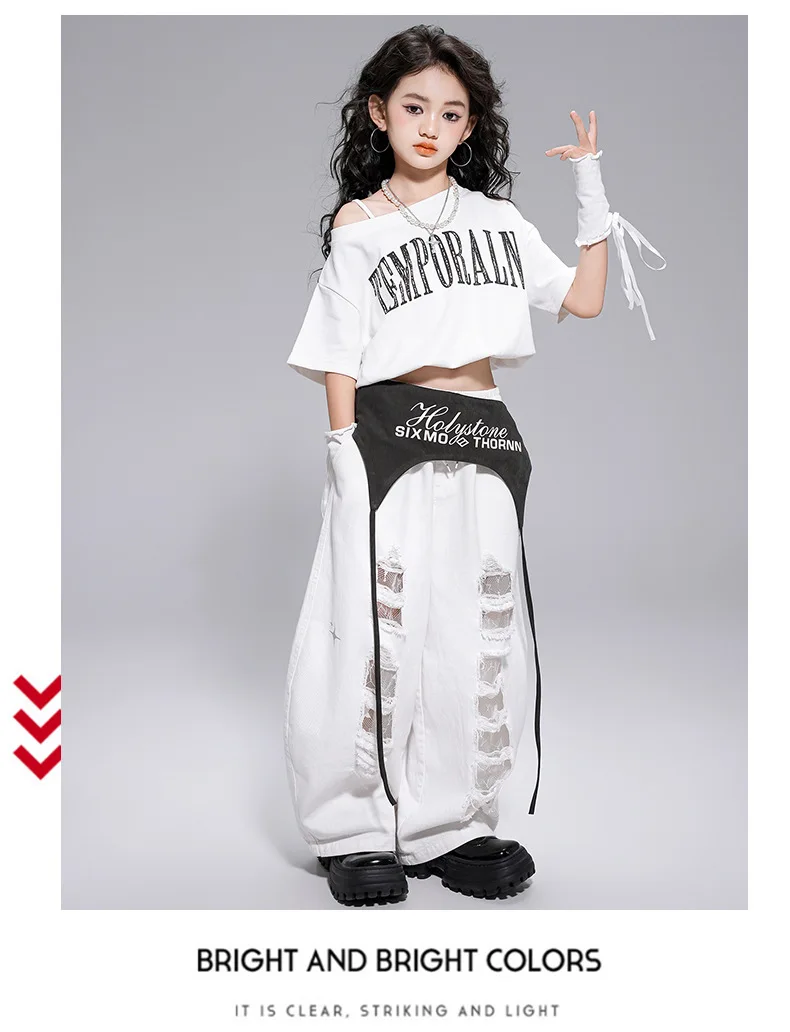 Kid Kpop Hip Hop Clothing White Letters Strap Tank Crop T Shirt Top Casual Distressed Pants for Girl Jazz Dance Costumes Clothes