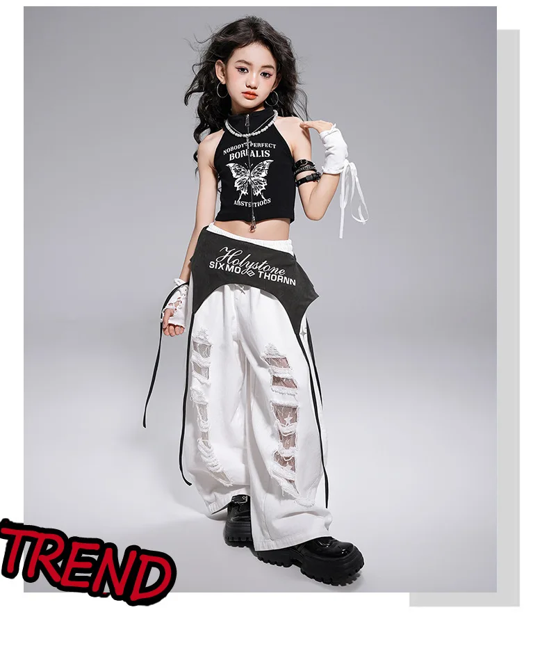 Kid Kpop Hip Hop Clothing White Letters Strap Tank Crop T Shirt Top Casual Distressed Pants for Girl Jazz Dance Costumes Clothes