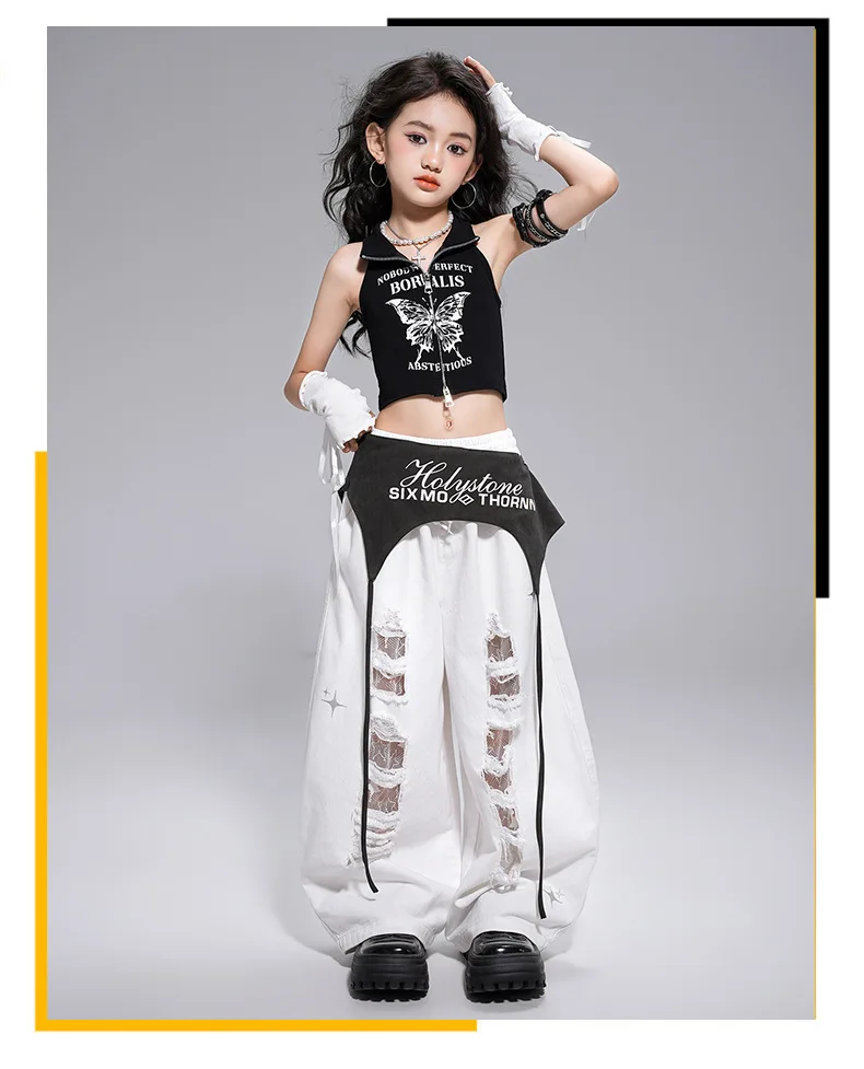 Kid Kpop Hip Hop Clothing White Letters Strap Tank Crop T Shirt Top Casual Distressed Pants for Girl Jazz Dance Costumes Clothes