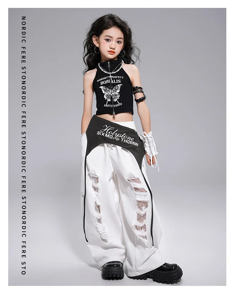 Kid Kpop Hip Hop Clothing White Letters Strap Tank Crop T Shirt Top Casual Distressed Pants for Girl Jazz Dance Costumes Clothes
