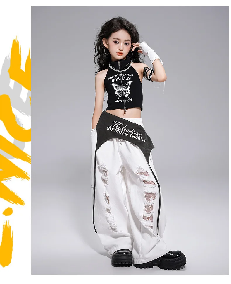 Kid Kpop Hip Hop Clothing White Letters Strap Tank Crop T Shirt Top Casual Distressed Pants for Girl Jazz Dance Costumes Clothes