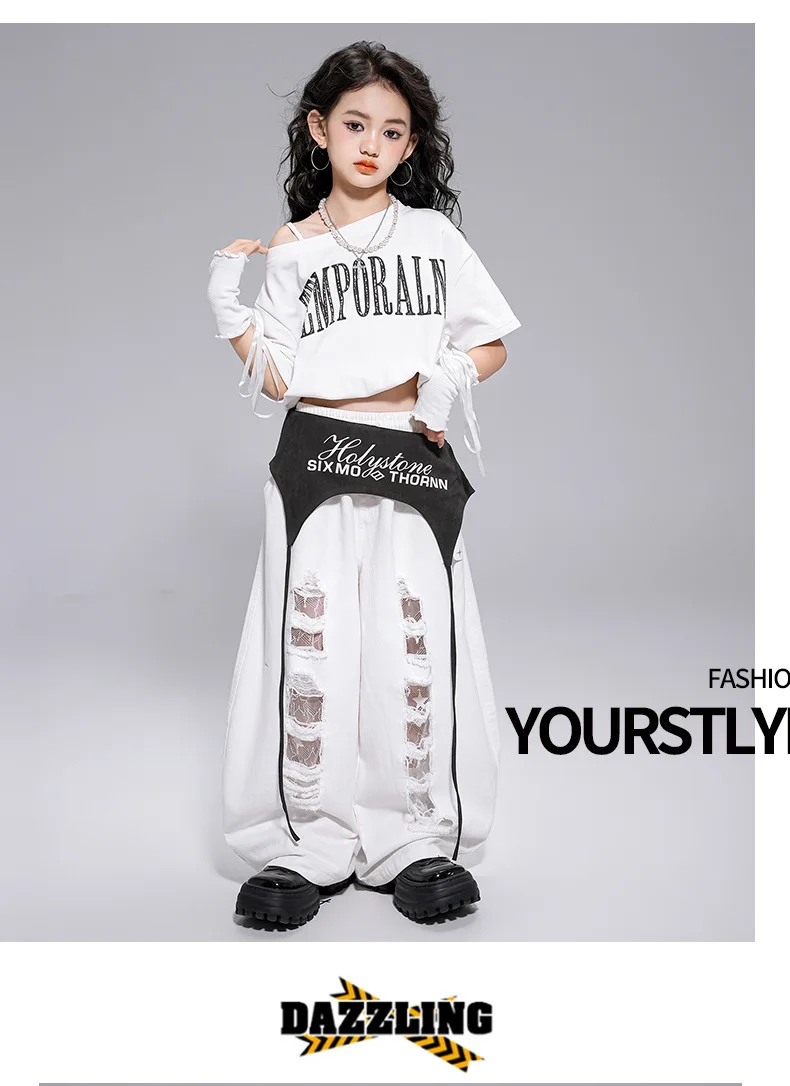 Kid Kpop Hip Hop Clothing White Letters Strap Tank Crop T Shirt Top Casual Distressed Pants for Girl Jazz Dance Costumes Clothes