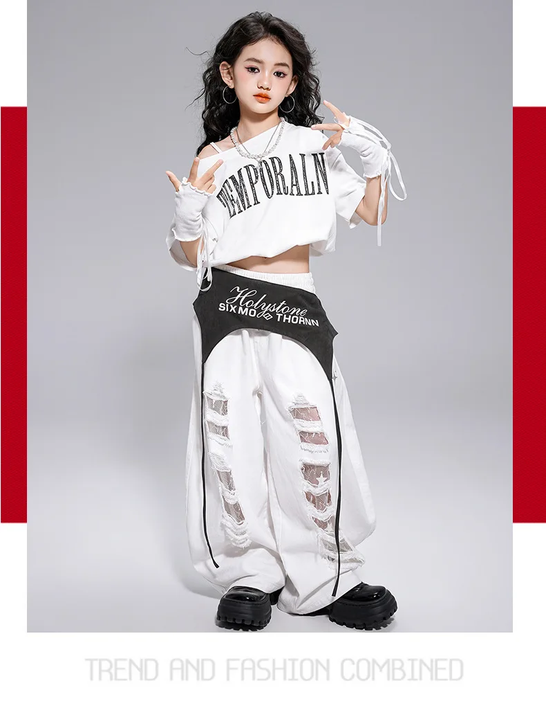 Kid Kpop Hip Hop Clothing White Letters Strap Tank Crop T Shirt Top Casual Distressed Pants for Girl Jazz Dance Costumes Clothes