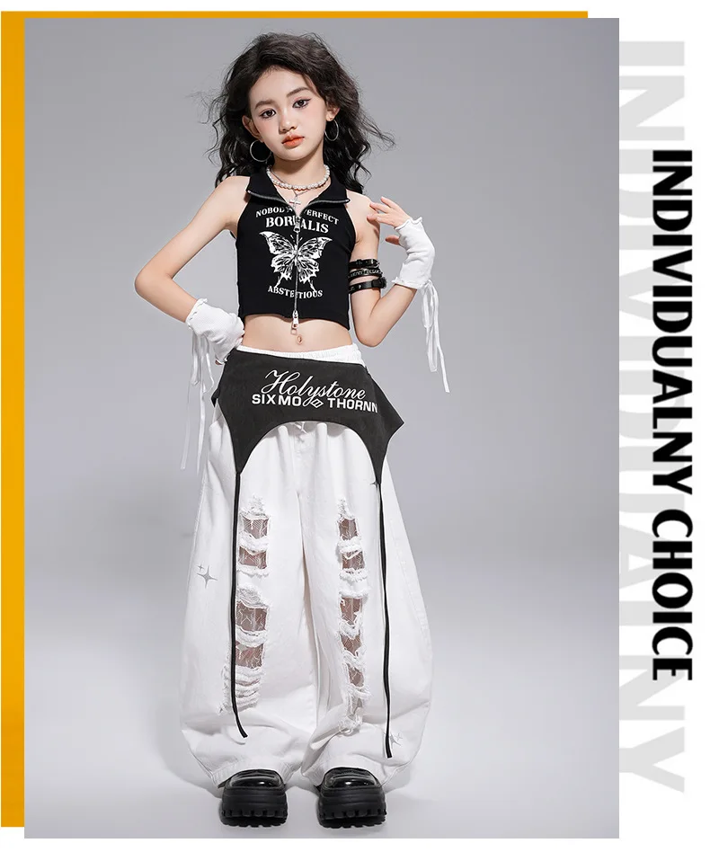 Kid Kpop Hip Hop Clothing White Letters Strap Tank Crop T Shirt Top Casual Distressed Pants for Girl Jazz Dance Costumes Clothes