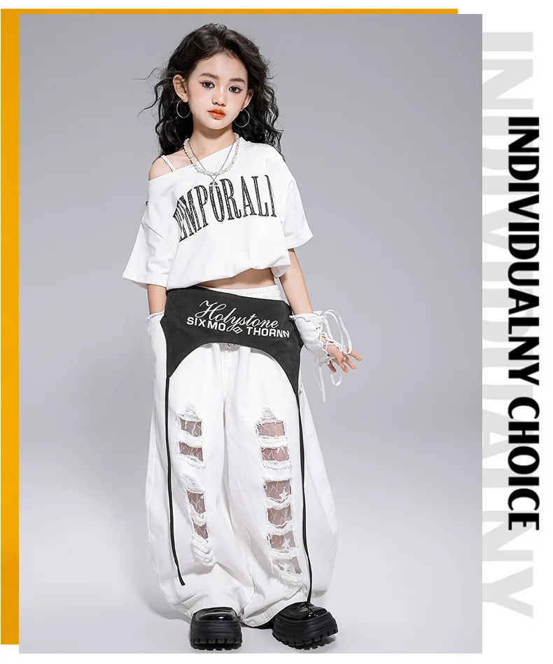 Kid Kpop Hip Hop Clothing White Letters Strap Tank Crop T Shirt Top Casual Distressed Pants for Girl Jazz Dance Costumes Clothes