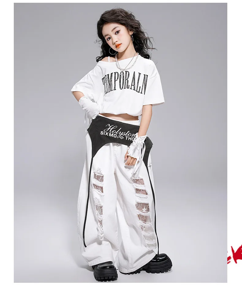 Kid Kpop Hip Hop Clothing White Letters Strap Tank Crop T Shirt Top Casual Distressed Pants for Girl Jazz Dance Costumes Clothes