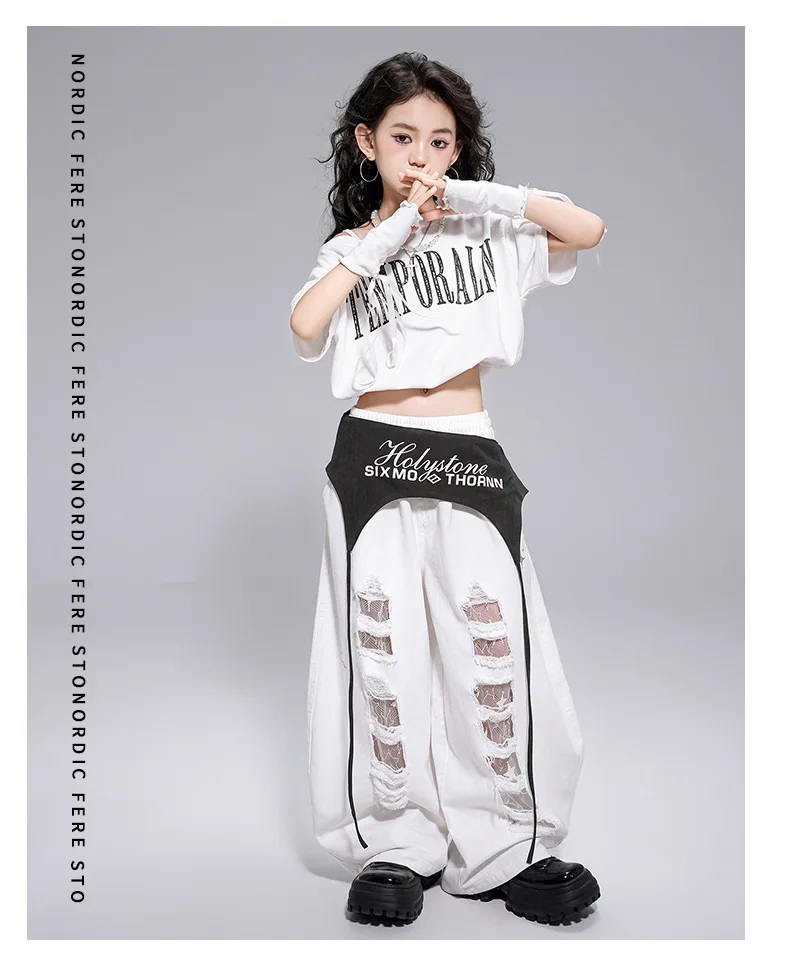 Kid Kpop Hip Hop Clothing White Letters Strap Tank Crop T Shirt Top Casual Distressed Pants for Girl Jazz Dance Costumes Clothes