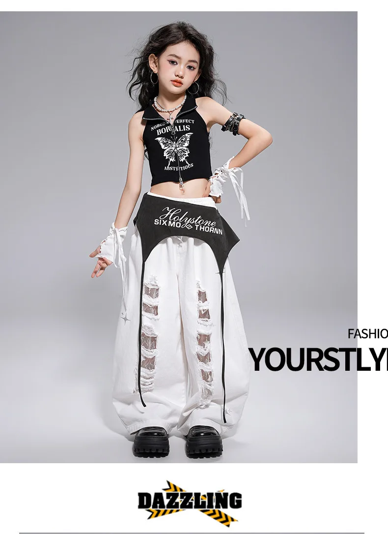 Kid Kpop Hip Hop Clothing White Letters Strap Tank Crop T Shirt Top Casual Distressed Pants for Girl Jazz Dance Costumes Clothes