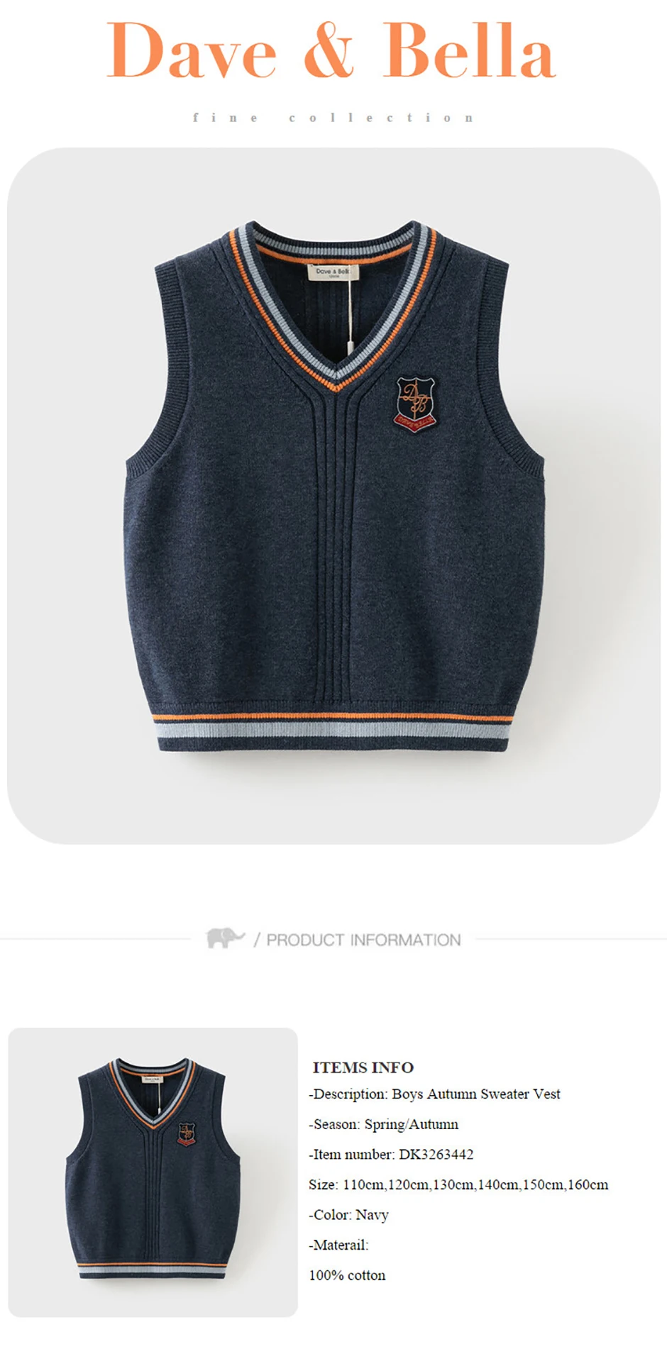 Dave Bella Autumn Spring Sleeveless Sweater Vest for Boys Kids Knitted Sweater Outerwear Children Vest Clothes DK3263442