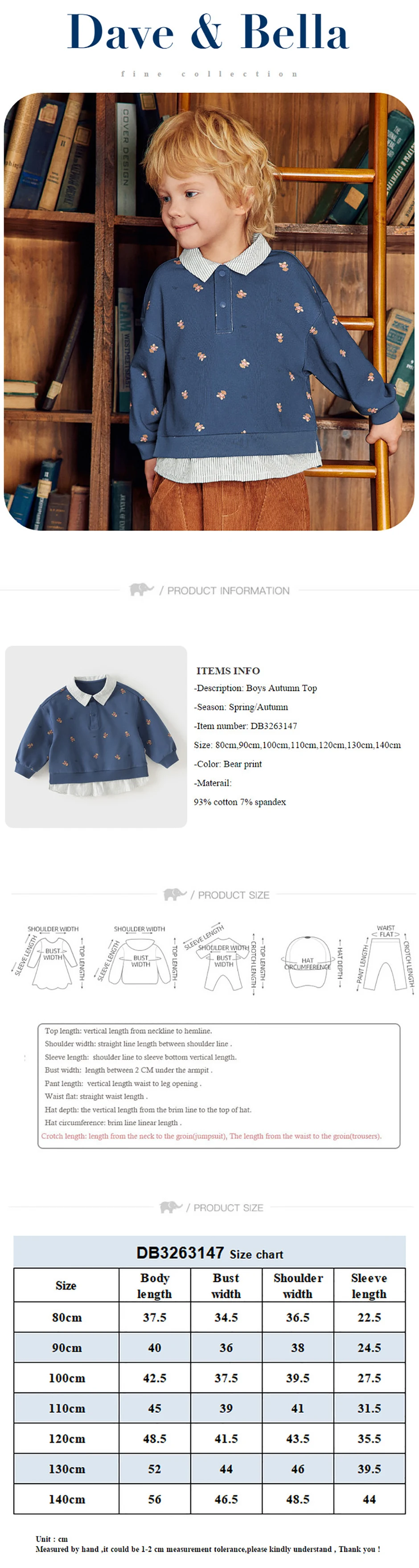 Dave Bella Sweatshirt Boys Pullover Autumn Long Sleeve Spring Sportswear Casual Children Top Clothes Bear Print Stripe DB3263147