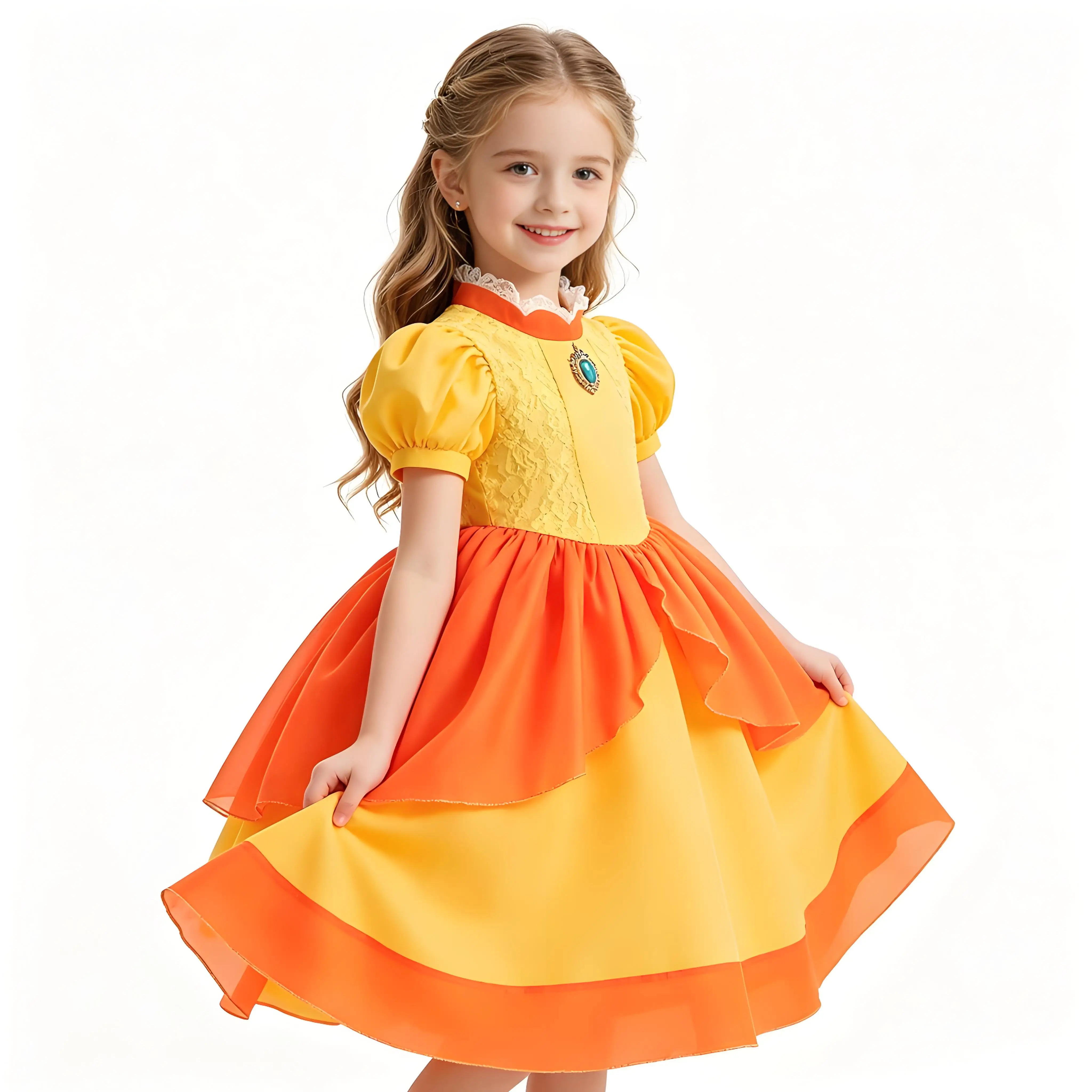 2026 Girl Cosplay New Yellow Cartoon Princess Dress Set Ruffled Puffy Skirt Accessories Outfit Halloween Birthday Party Costume