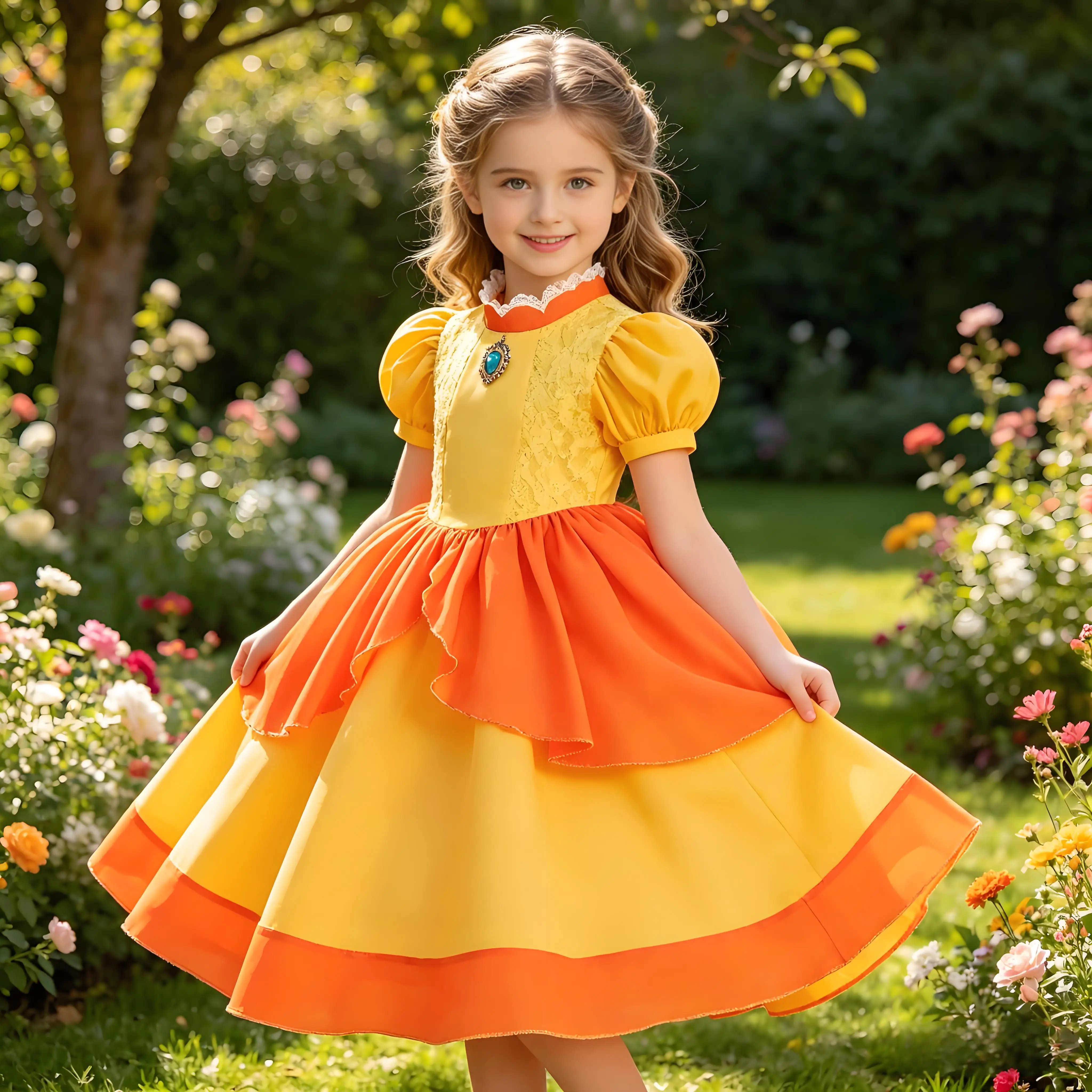 2026 Girl Cosplay New Yellow Cartoon Princess Dress Set Ruffled Puffy Skirt Accessories Outfit Halloween Birthday Party Costume