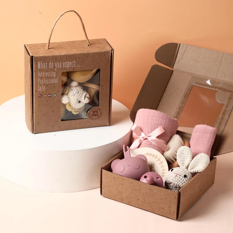 Baby Bathing Mouth Water Towel Pacifier Set Baby Full Moon Milestone Cards Wood Ring Rattle Bath Towel Wool Brush Birthday Gifts