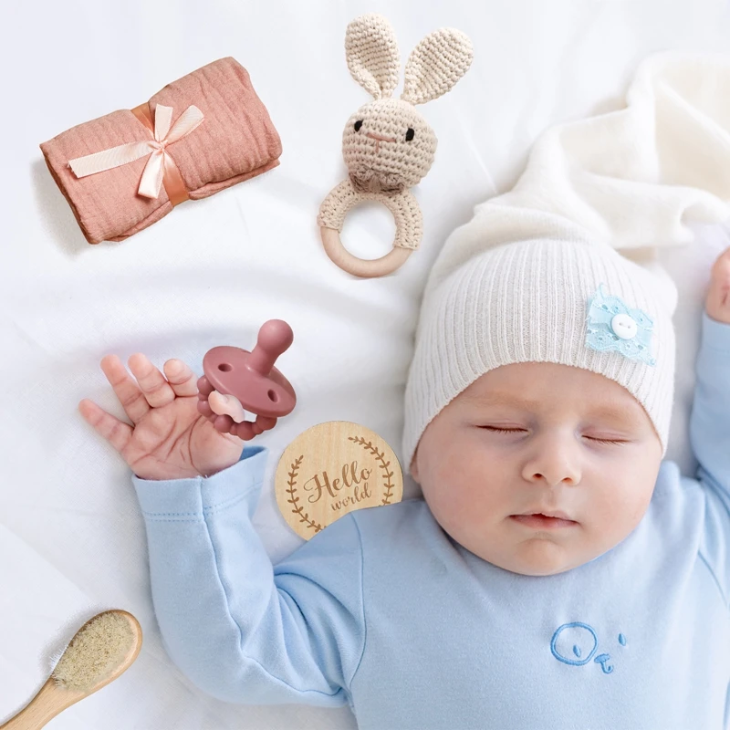 Baby Bathing Mouth Water Towel Pacifier Set Baby Full Moon Milestone Cards Wood Ring Rattle Bath Towel Wool Brush Birthday Gifts