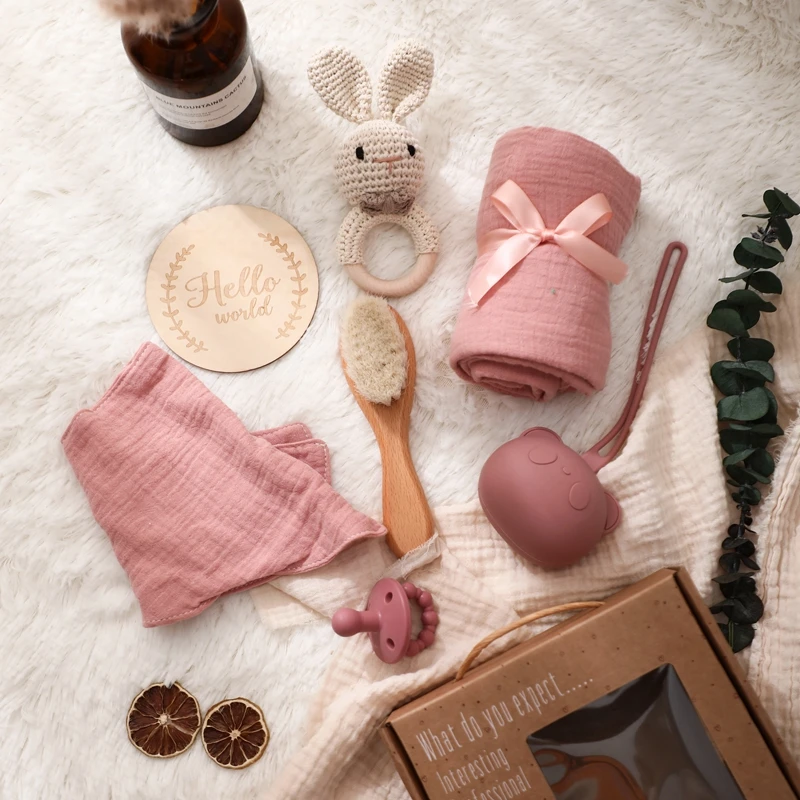 Baby Bathing Mouth Water Towel Pacifier Set Baby Full Moon Milestone Cards Wood Ring Rattle Bath Towel Wool Brush Birthday Gifts