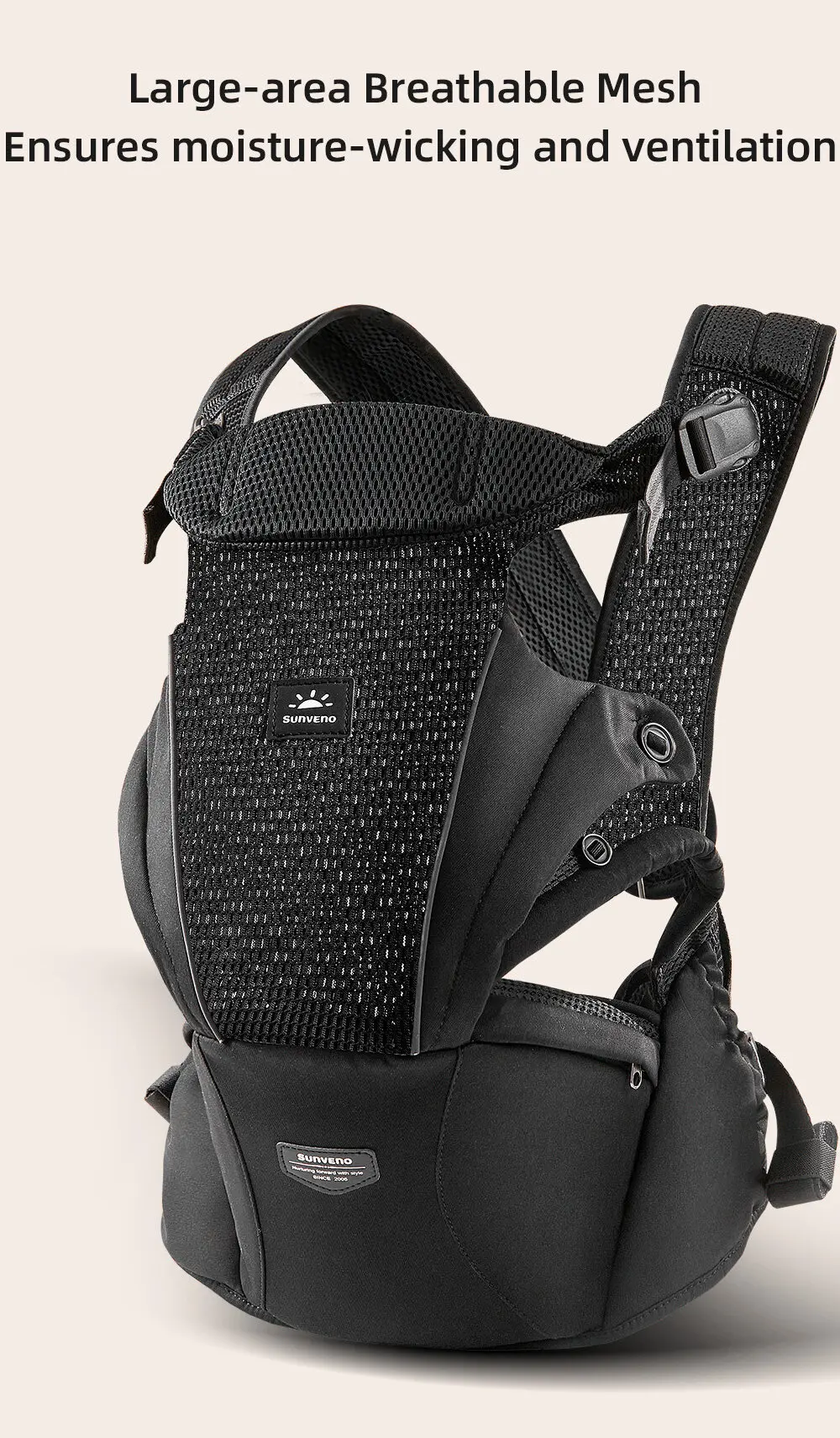 Sunveno Integrated Secure Baby Carrier Effortless Comfortable Baby Carrier Mesh Breathable 4-24months Hands-Free Ergonomic Black