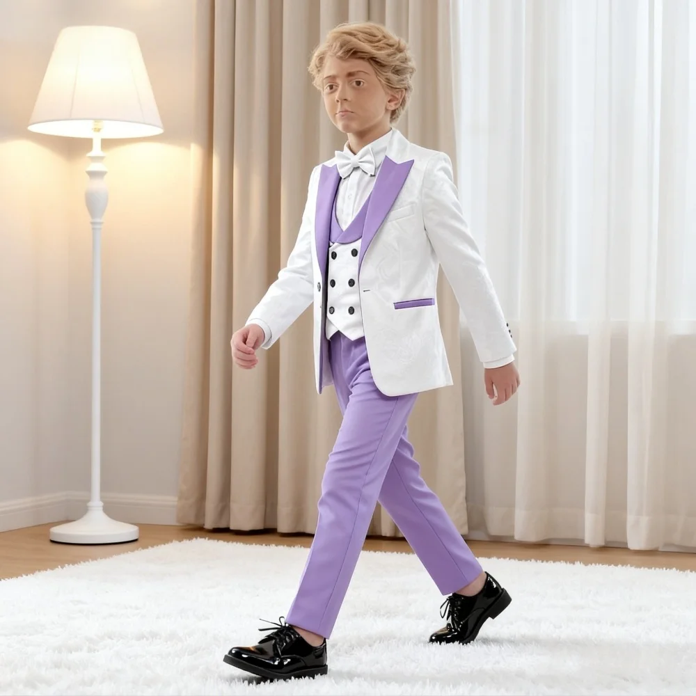 Premium Jacquard Boy's 3PCS Suit Best Selling Light Purple Classic Outfit For Boys Suitable For Ring Boys Campus Includes Blazer