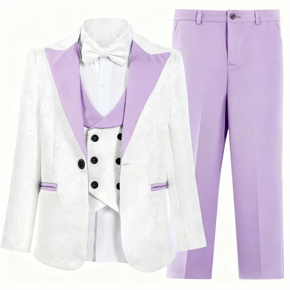 Premium Jacquard Boy's 3PCS Suit Best Selling Light Purple Classic Outfit For Boys Suitable For Ring Boys Campus Includes Blazer