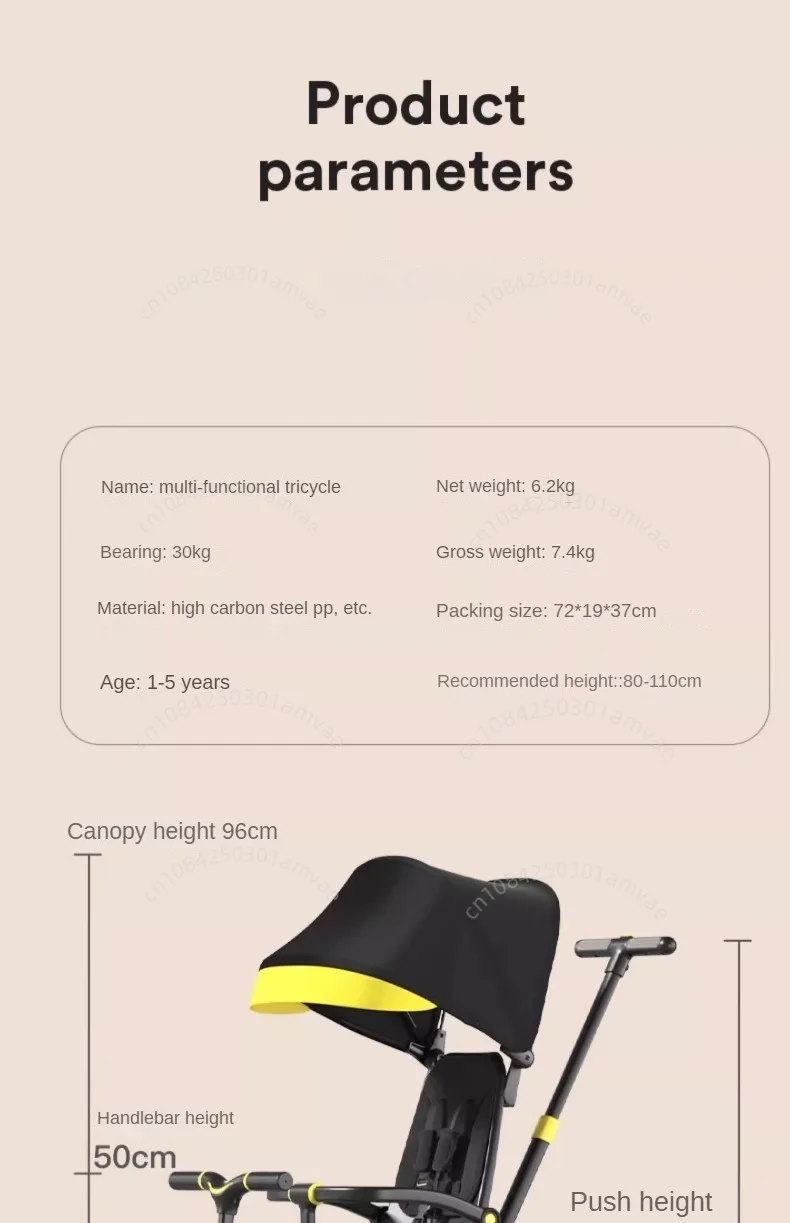 Lightweight Three-wheel Baby Stroller Adjustable Push Bar Foldable Three-wheel Baby Stroller Multi-functional Children's Bicycle