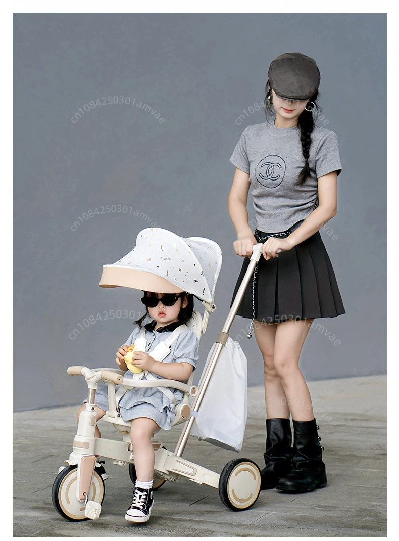 Lightweight Three-wheel Baby Stroller Adjustable Push Bar Foldable Three-wheel Baby Stroller Multi-functional Children's Bicycle