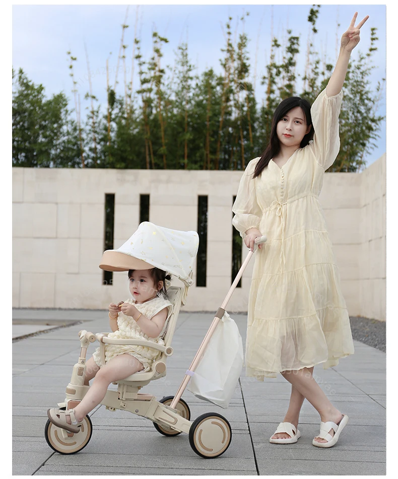 Lightweight Three-wheel Baby Stroller Adjustable Push Bar Foldable Three-wheel Baby Stroller Multi-functional Children's Bicycle