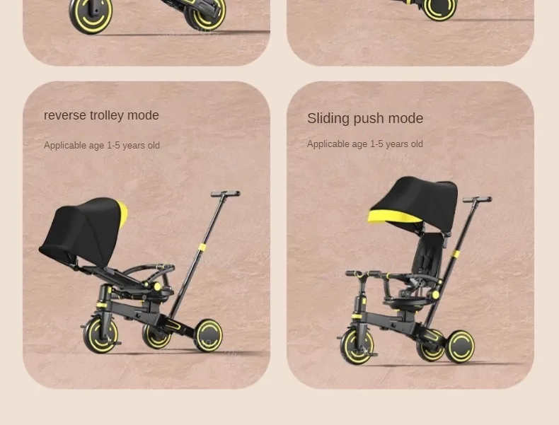 Lightweight Three-wheel Baby Stroller Adjustable Push Bar Foldable Three-wheel Baby Stroller Multi-functional Children's Bicycle