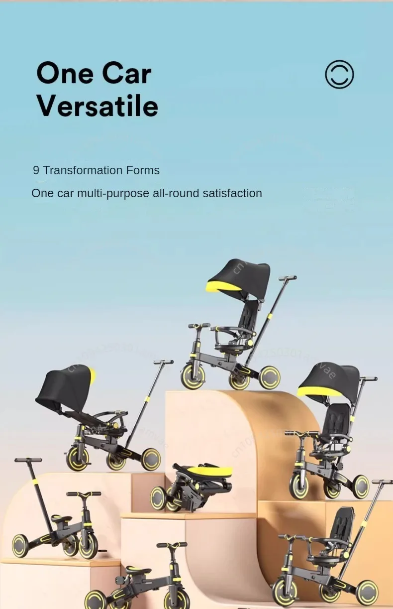 Lightweight Three-wheel Baby Stroller Adjustable Push Bar Foldable Three-wheel Baby Stroller Multi-functional Children's Bicycle