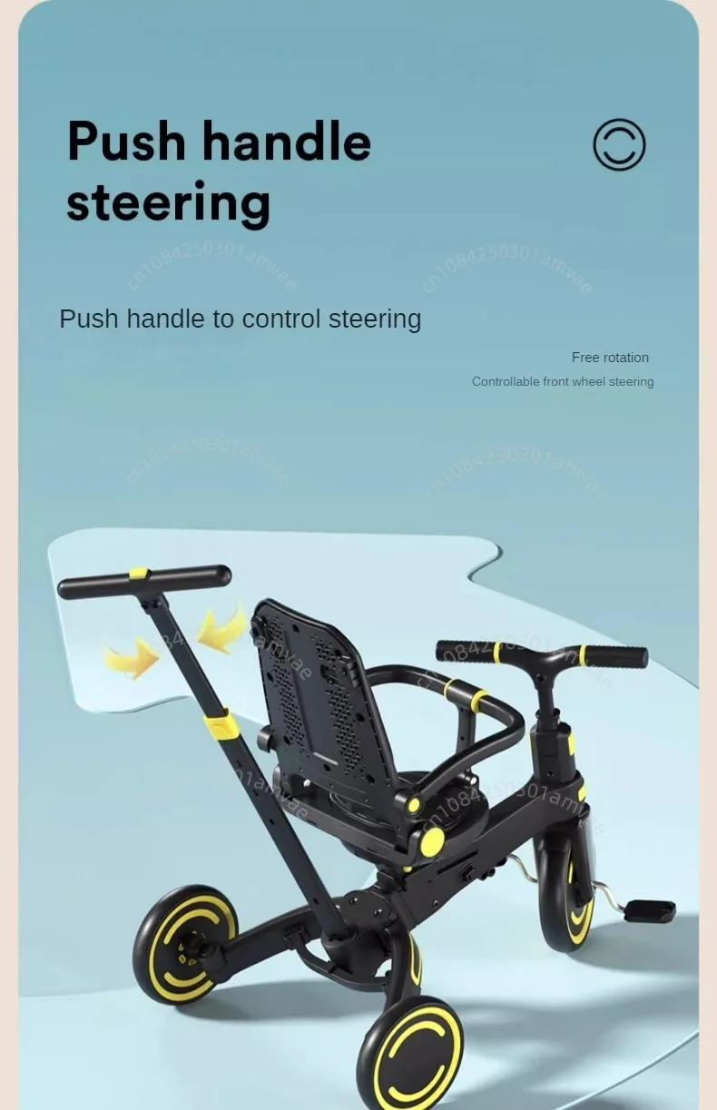 Lightweight Three-wheel Baby Stroller Adjustable Push Bar Foldable Three-wheel Baby Stroller Multi-functional Children's Bicycle