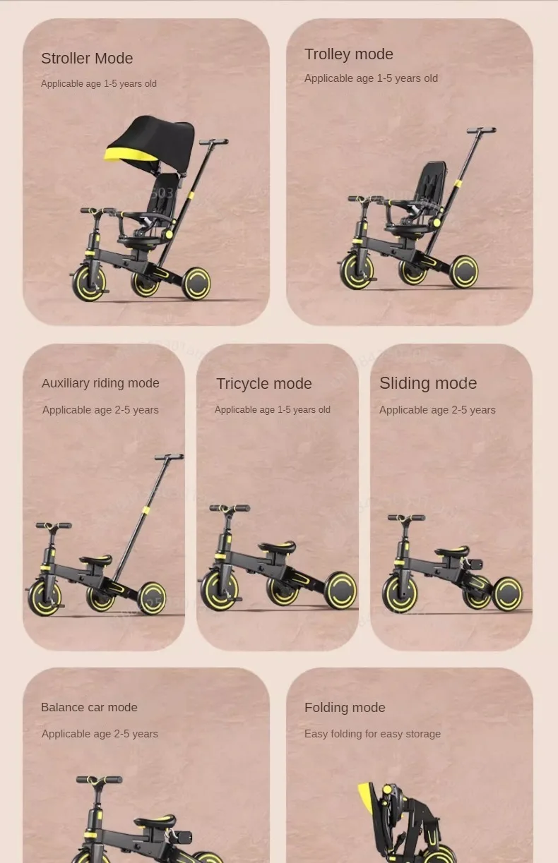 Lightweight Three-wheel Baby Stroller Adjustable Push Bar Foldable Three-wheel Baby Stroller Multi-functional Children's Bicycle