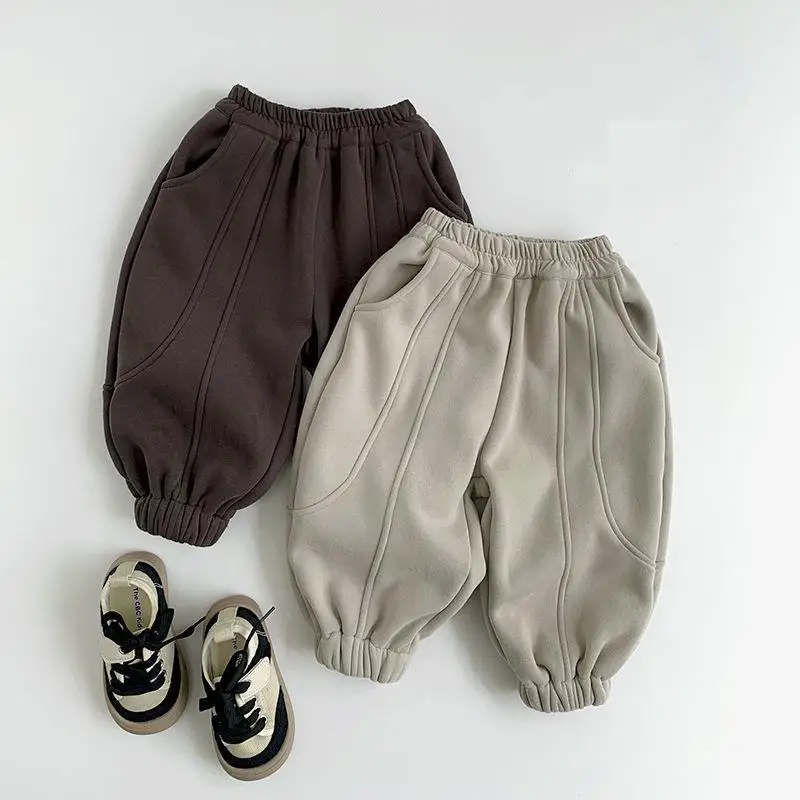 2026 Winter New Children Warm Pants Solid Baby Girls Casual Pants Plus Velvet Thick Trousers For Boys Cotton Kids Clothes