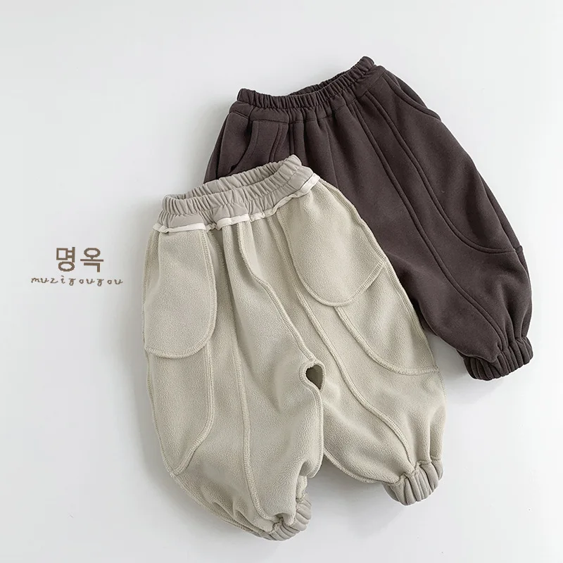 2026 Winter New Children Warm Pants Solid Baby Girls Casual Pants Plus Velvet Thick Trousers For Boys Cotton Kids Clothes