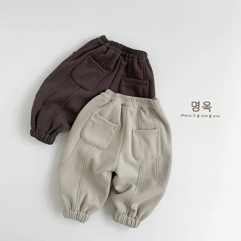 2026 Winter New Children Warm Pants Solid Baby Girls Casual Pants Plus Velvet Thick Trousers For Boys Cotton Kids Clothes