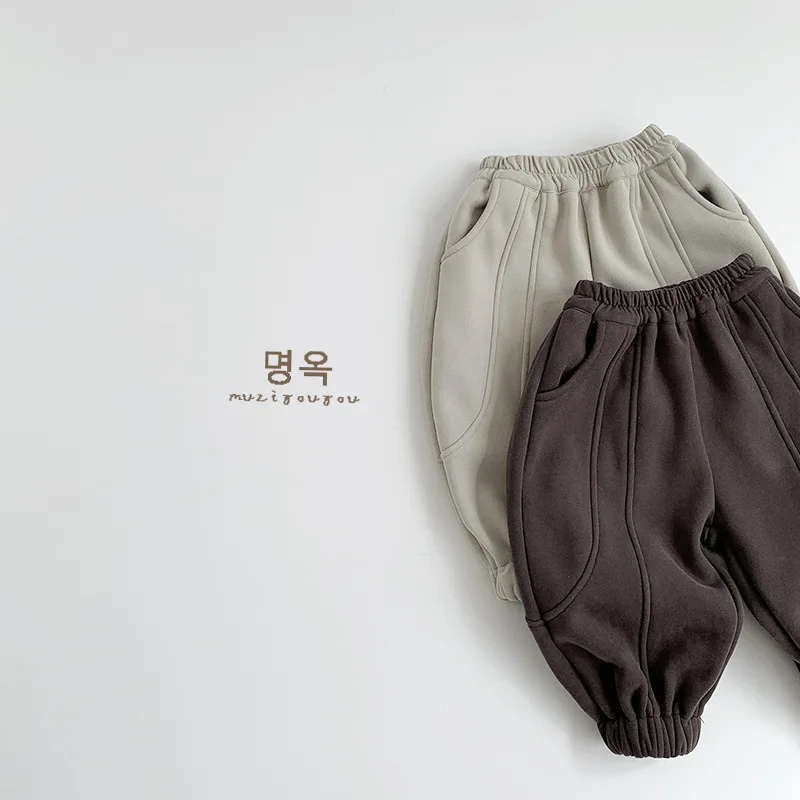 2026 Winter New Children Warm Pants Solid Baby Girls Casual Pants Plus Velvet Thick Trousers For Boys Cotton Kids Clothes