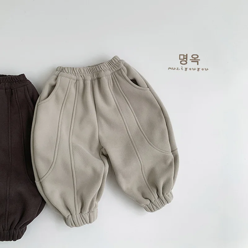 2026 Winter New Children Warm Pants Solid Baby Girls Casual Pants Plus Velvet Thick Trousers For Boys Cotton Kids Clothes
