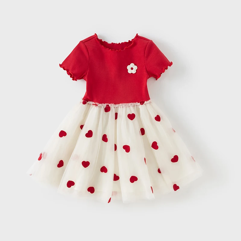 Dave Bella Children's Dress Summer New Girls Baby Gentle Cute Love Embroidery Red Mesh Princess Dress Party Outdoor DB2252324