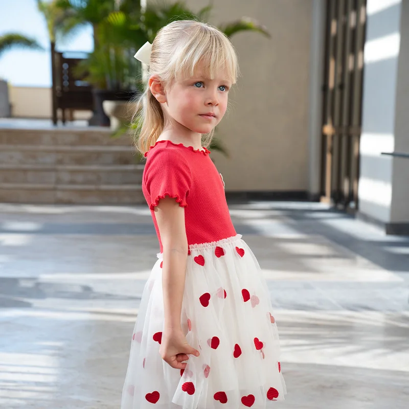 Dave Bella Children's Dress Summer New Girls Baby Gentle Cute Love Embroidery Red Mesh Princess Dress Party Outdoor DB2252324